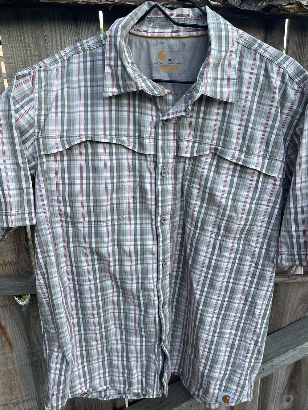 Carhartt Force Mandan Plaid Button Down Shirt Mens XL Gray Red Short Sleeve